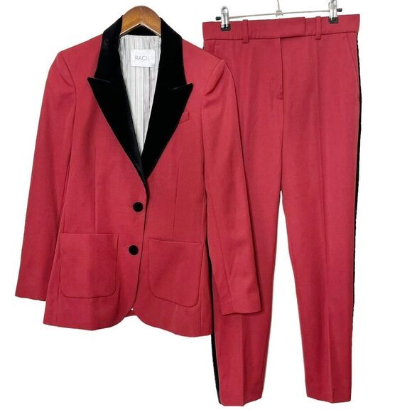 Racil Virgin Wool Suit Red Black Blazer & Pants Set Women’s Size 36 (US 4) New - Picture 1 of 16